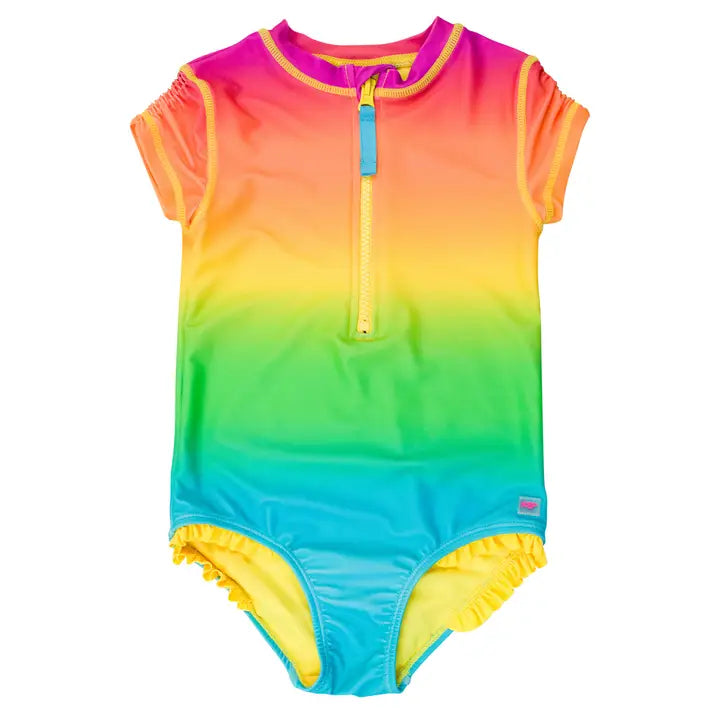 Neon Sunset Short Sleeve Rash Guard One-Piece Kids Swim Rufflebutts