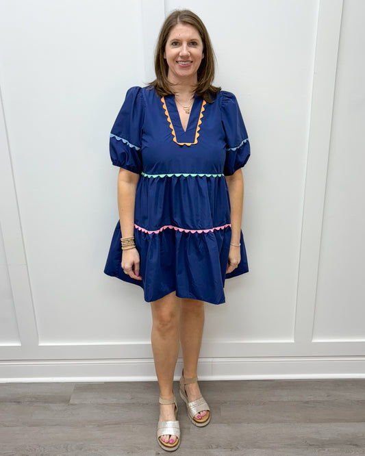 Nova Dress - Navy w/ Colorful Scalloped Trim Short Dresses Entro