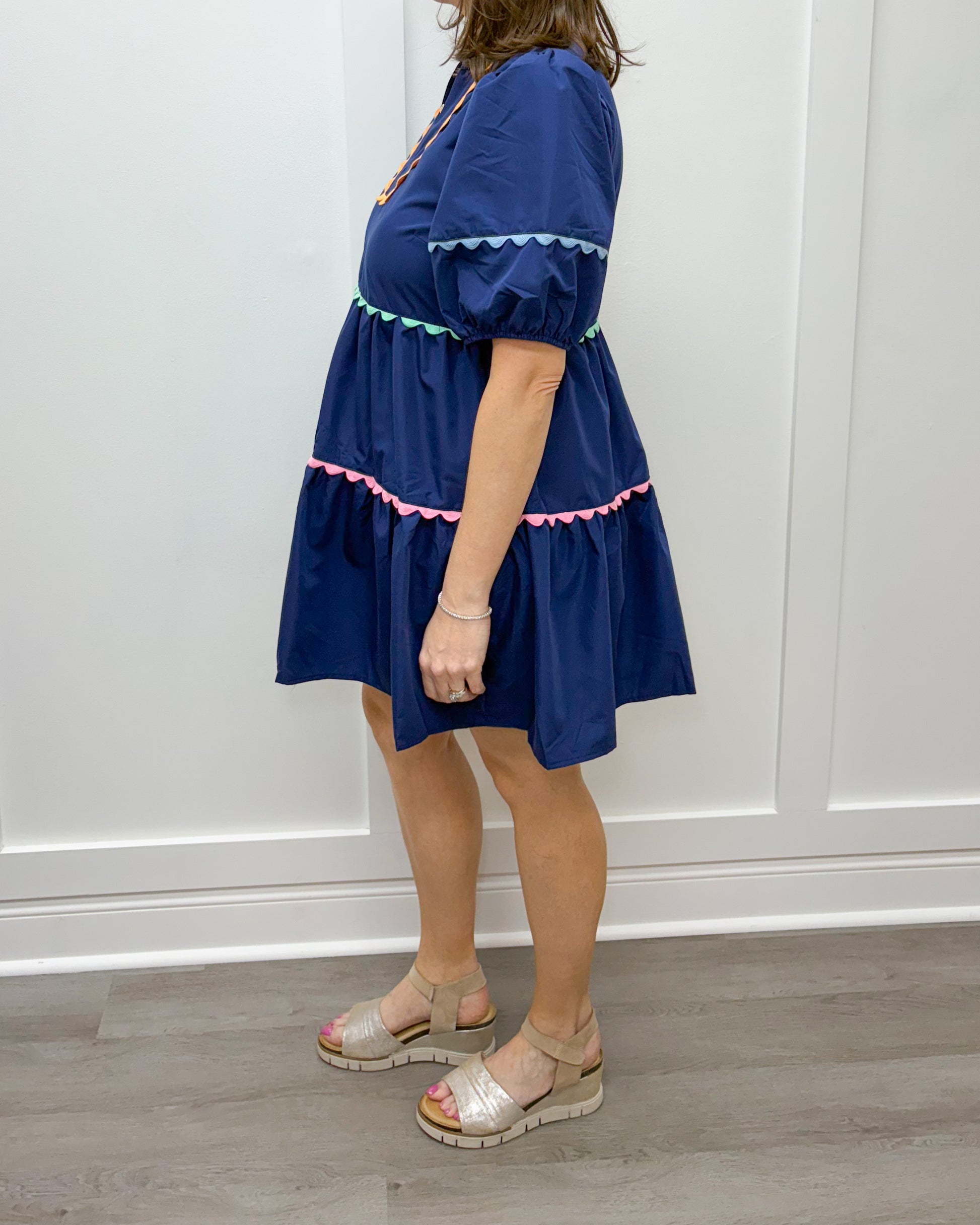 Nova Dress - Navy w/ Colorful Scalloped Trim Short Dresses Entro