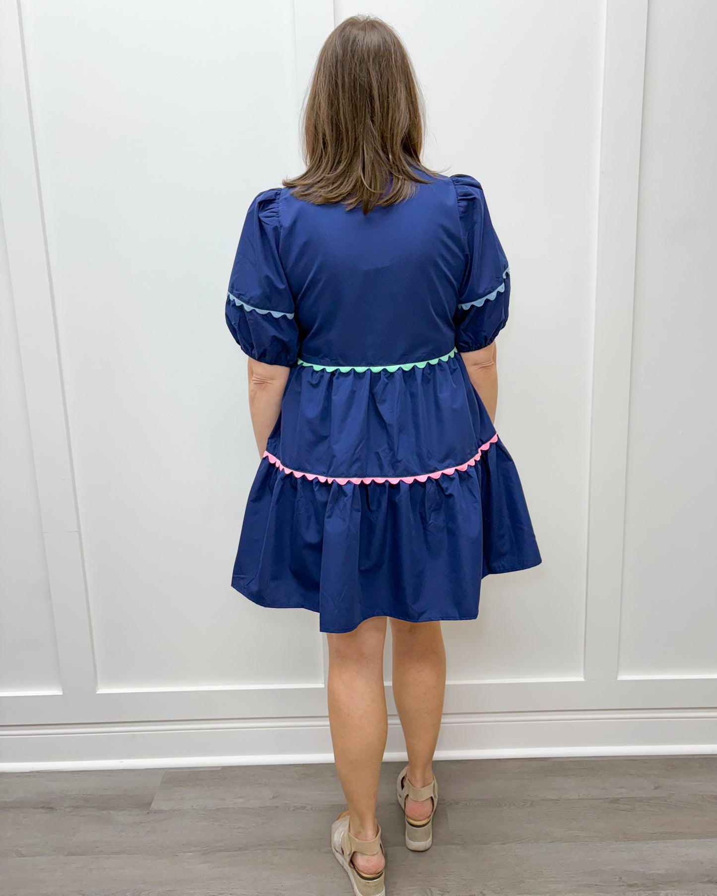 Nova Dress - Navy w/ Colorful Scalloped Trim Short Dresses Entro