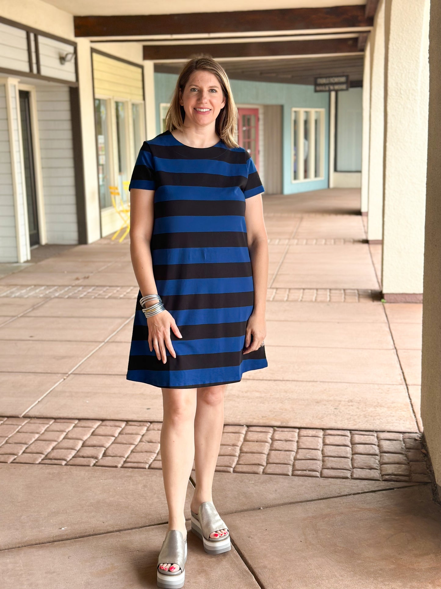 Amber Dress in Oxford Blue & Black Stripe Short Dresses Duffield Lane   