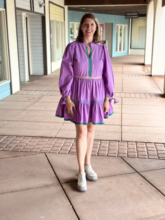 Long Sleeve Yoke Dress - Solid Purple Short Dresses Oliphant   