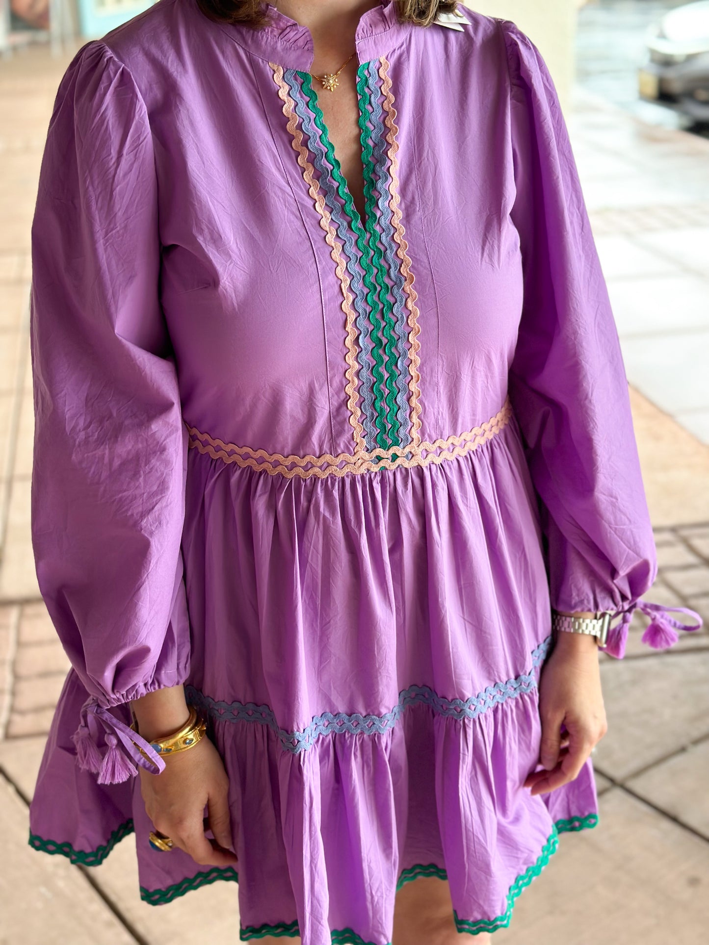 Long Sleeve Yoke Dress - Solid Purple Short Dresses Oliphant   