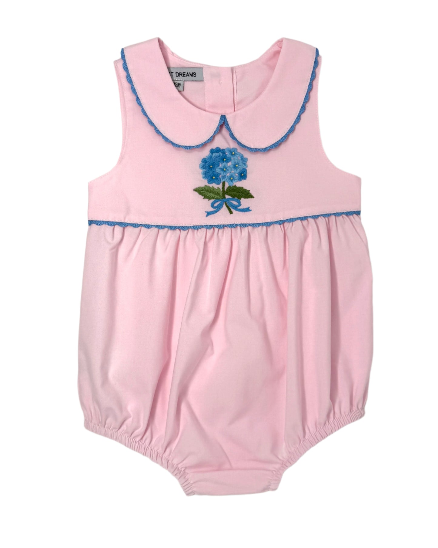 Pink Embroidered Blue Hydrangea Bubble Girls Bubbles + Rompers Sweet Dreams