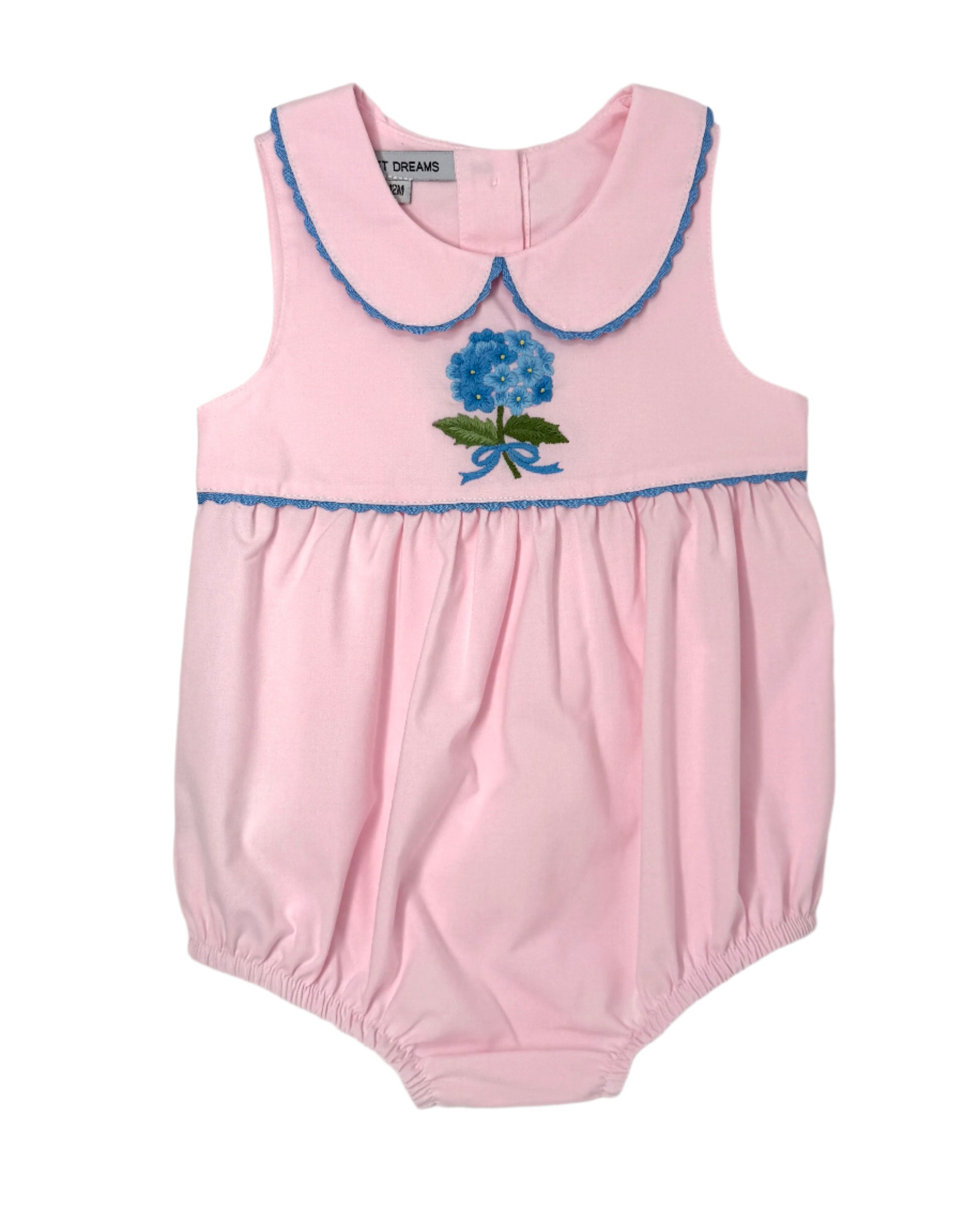 Pink Embroidered Blue Hydrangea Bubble Girls Bubbles + Rompers Sweet Dreams