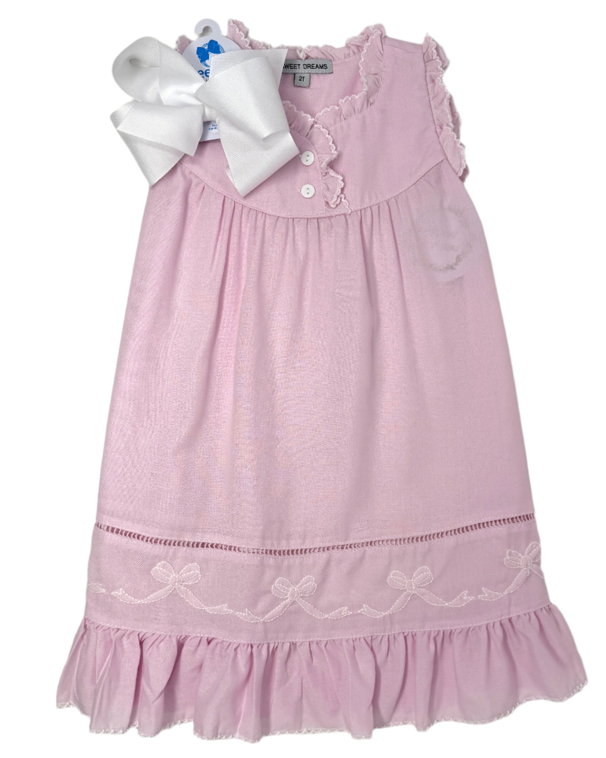 Pink Embroidered Shadow Stitch Bows Gown Kids Pajamas Sweet Dreams