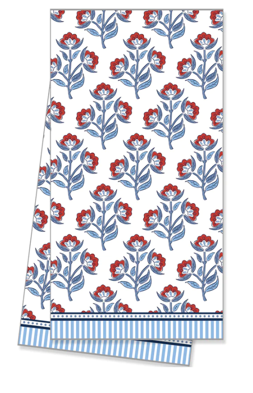 Red Floral Block Print Cotton Tea Towel Textiles WH Hostess   