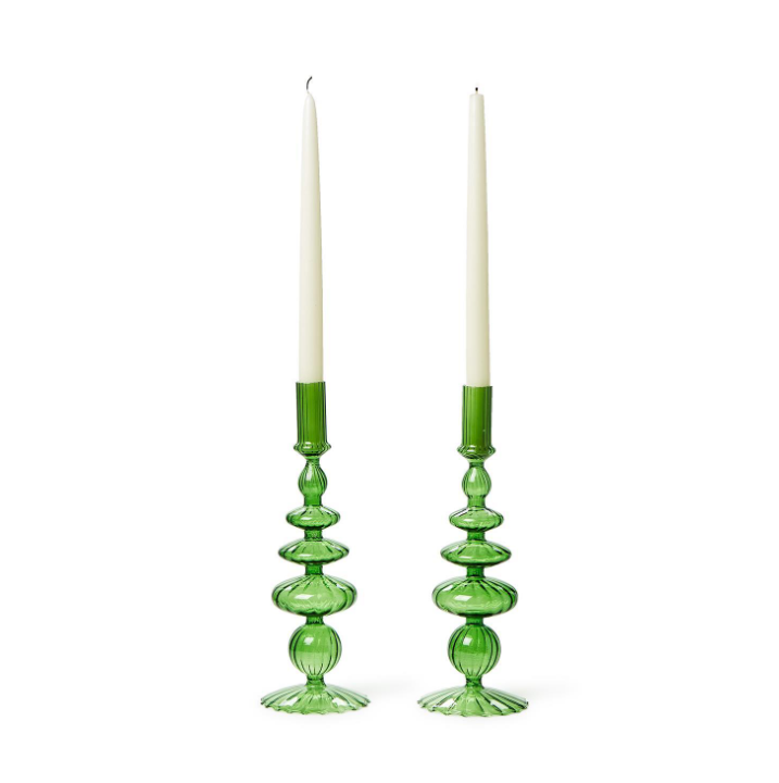 Set of 2 Hand-Blown Glass Candleholder Seasonal Two's Company Green/Bubble  