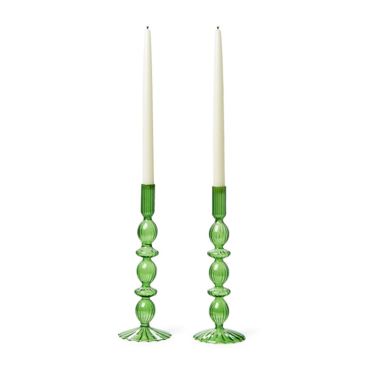 Set of 2 Hand-Blown Glass Candleholder Seasonal Two's Company Green/Round  