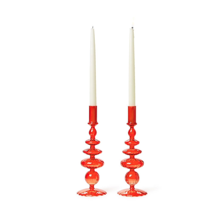 Set of 2 Hand-Blown Glass Candleholder Seasonal Two's Company Red/Bubble  