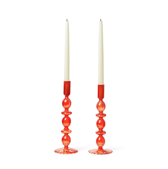 Set of 2 Hand-Blown Glass Candleholder Seasonal Two's Company Red/Round  