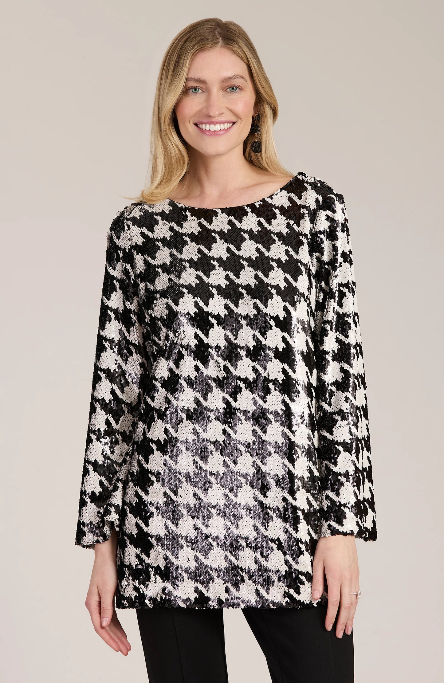 Sandra Sequin Houndstooth Tunic - Black Tops Tyler Boe   