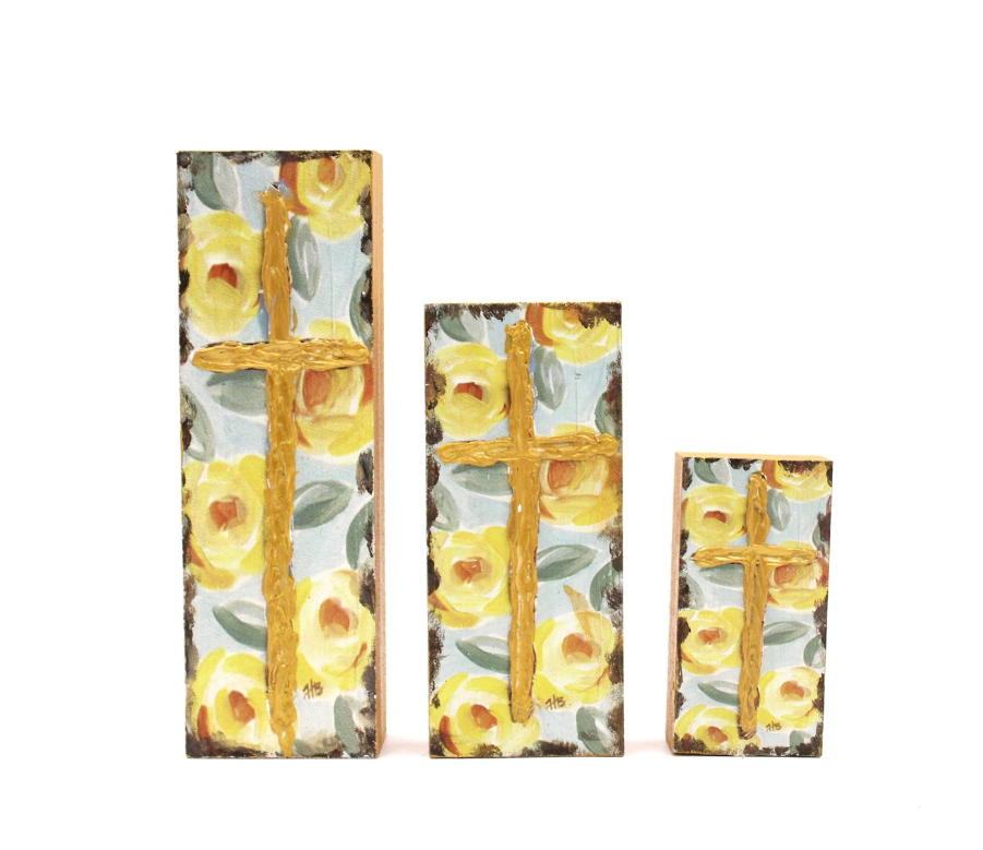 Set of 3 Wood Cross Blocks - Yellow Floral Home Decor TradeCie   