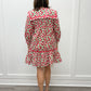 Sheila Dress - Red Floral w/ Gold Flower Buttons Short Dresses Entro