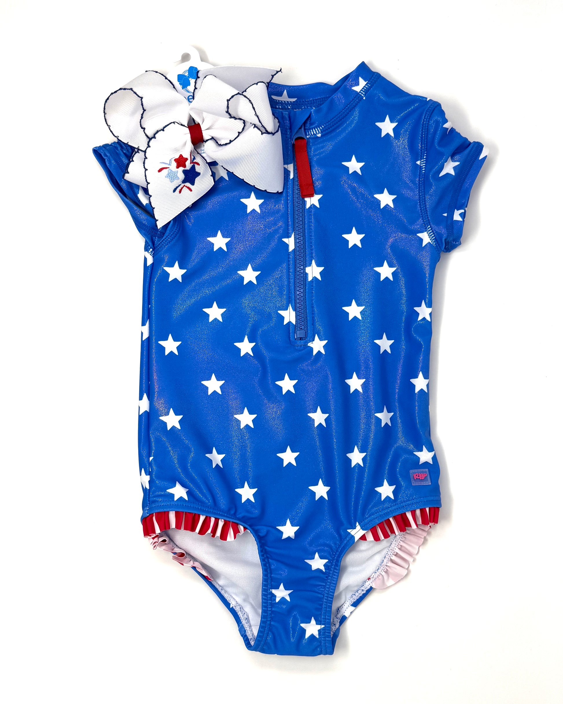 Shimmer Stars & Stripes Girls Short Sleeve Rash Guard One Piece Kids Swim Rufflebutts
