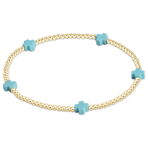 Signature Cross Small Gold Pattern 2mm Bracelet - Turquoise Bracelets enewton