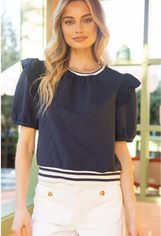 Striped Band Detailed S/S Textured Knit Top - Navy Tops Voy   