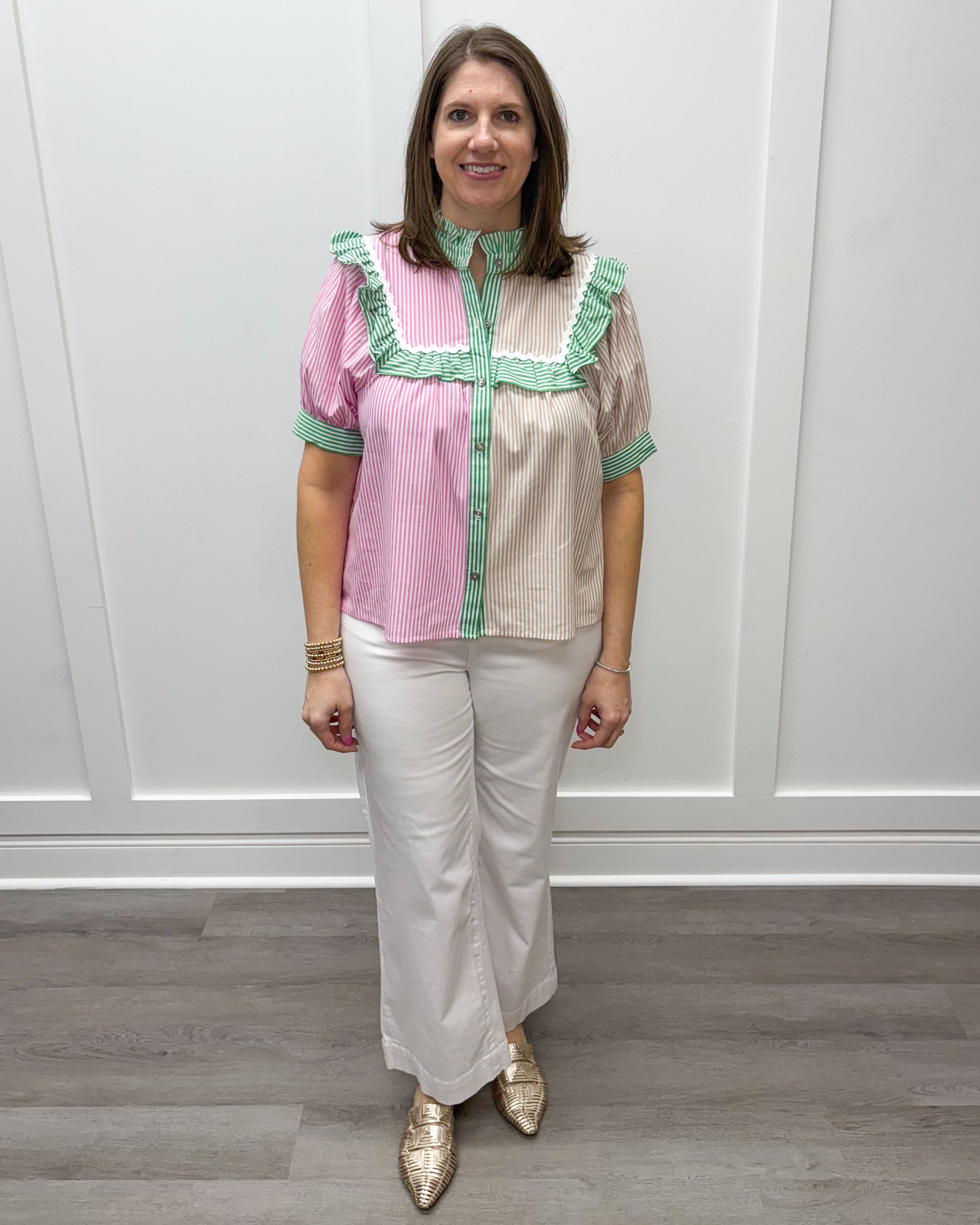 Striped Serenity Top - Pink/Green/Tan Stripes Tops Entro