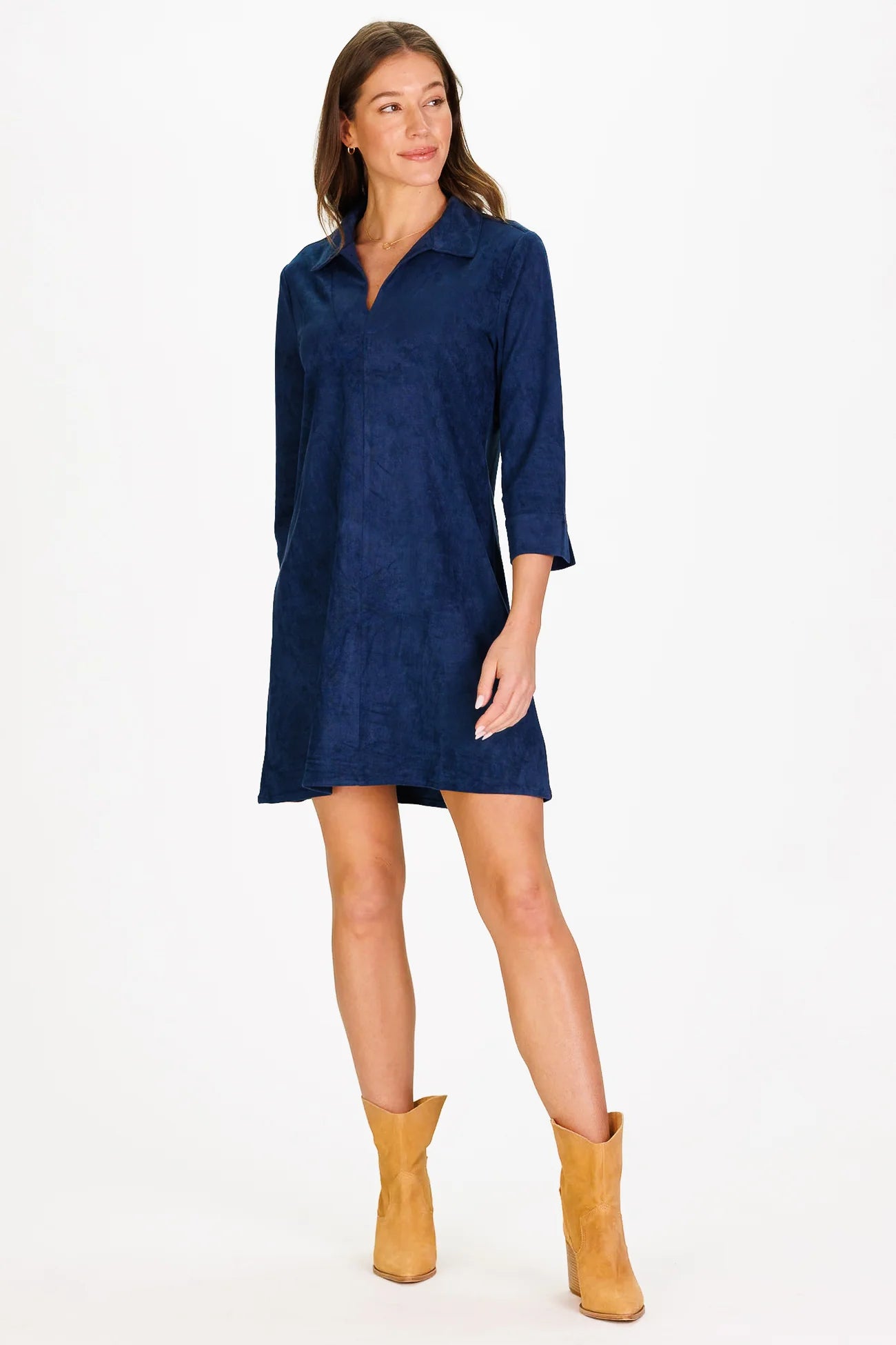 Suede Victoria Dress - Blue Stretch Short Dresses Duffield Lane   