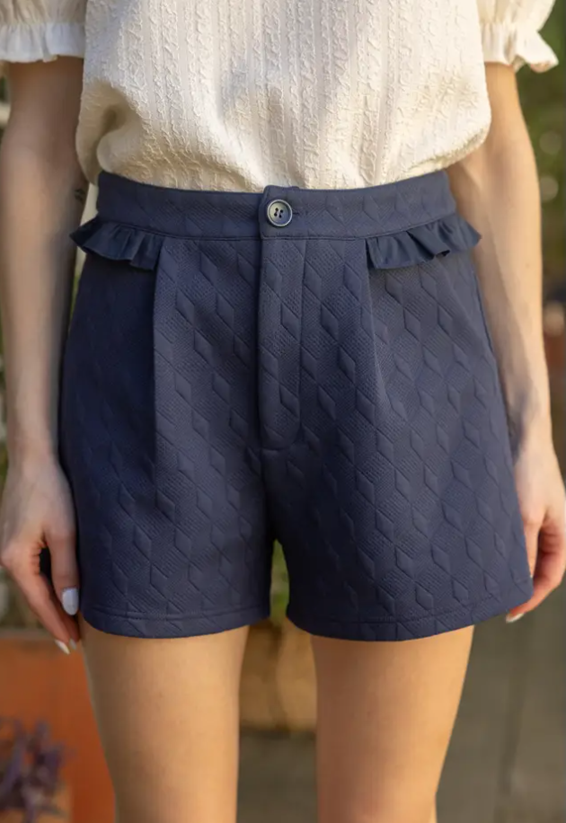 Taryn Textured Ruffle Detail Short - Navy Shorts Voy   