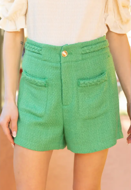 Braid Waist Gold Button Tweed Short - Green Shorts Voy   