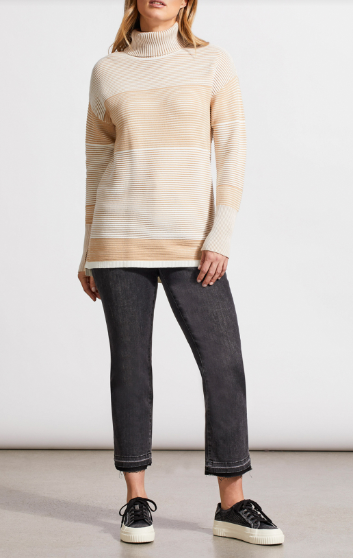 Two Tone Ottoman Turtleneck Tunic Sweater - Cream Sweaters Tribal   