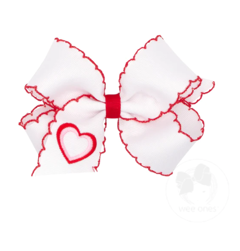 Medium Heart White with Red Embroidered Moonstitch Grosgrain Bow Kids Hair Accessories Wee Ones   