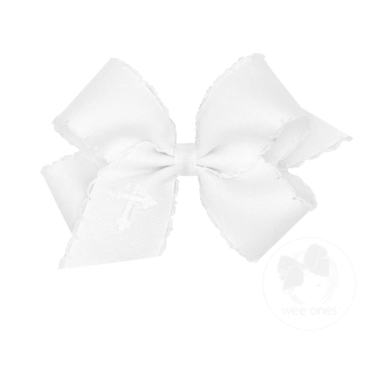 Medium White Grosgrain Bow with Moonstitch Edge and Cross Embroidery - White with White Kids Hair Accessories Wee Ones   