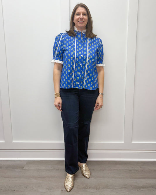 Floral Charm Top - Blue Floral w/ Lace Trim Tops Entro