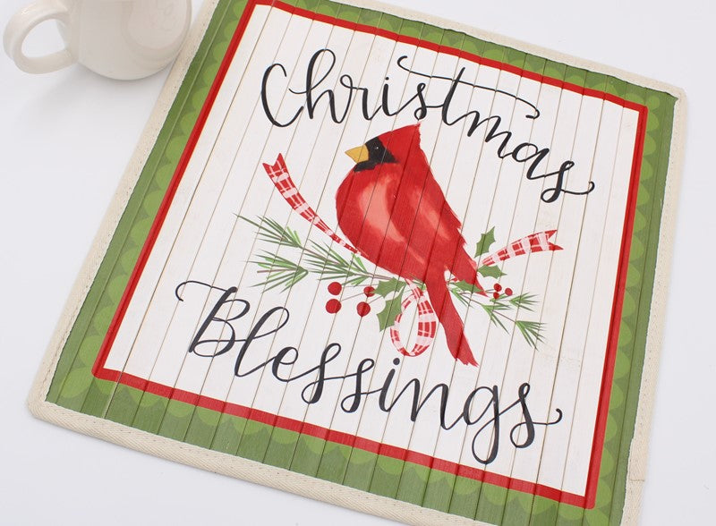 15" Christmas Blessings Cardinal Square Bamboo Placemat Home Decor TradeCie   