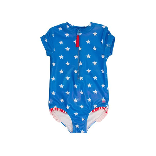 Shimmer Stars & Stripes Girls Short Sleeve Rash Guard One Piece Kids Swim Rufflebutts