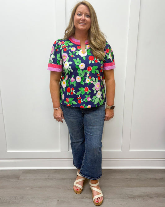 Spring Charm Top - Navy w/ Pink and Red Florals Tops Entro