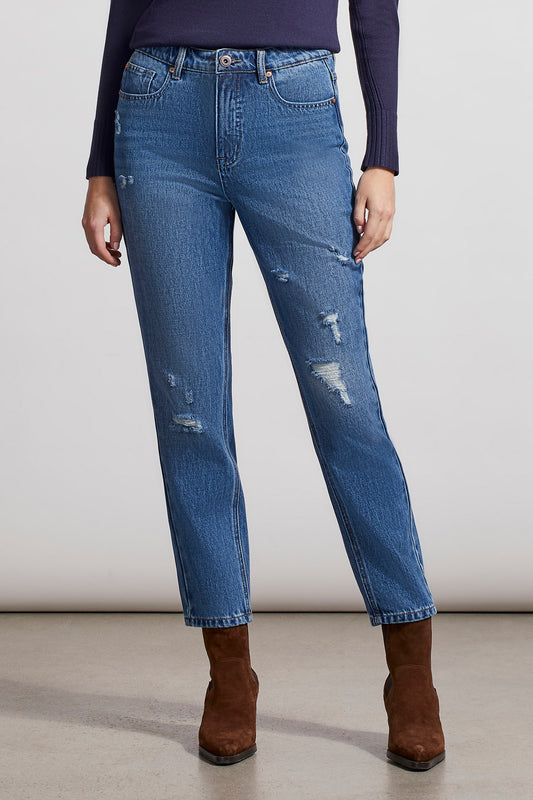 Distressed Brooke Girlfriend Tapered Ankle Jeans - Classic Blue Women's Clothing Tribal   