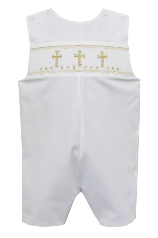 White Poplin Jon Jon with Ecru Crosses Boys Bubbles + Rompers Petit Bebe   