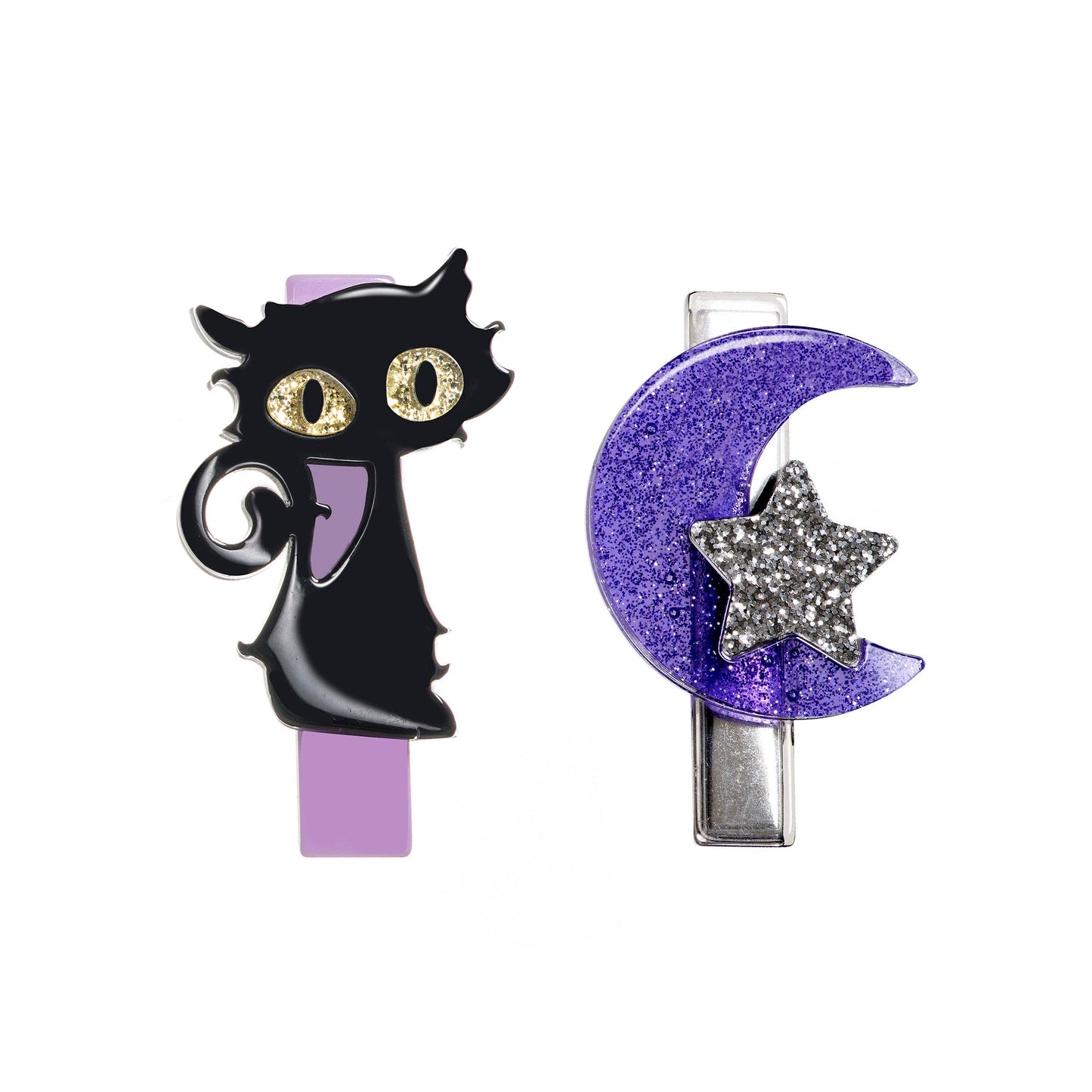 Cat Black & Moon Glitter Lilac Alligator Clips Kids Hair Accessories Lilies & Roses   