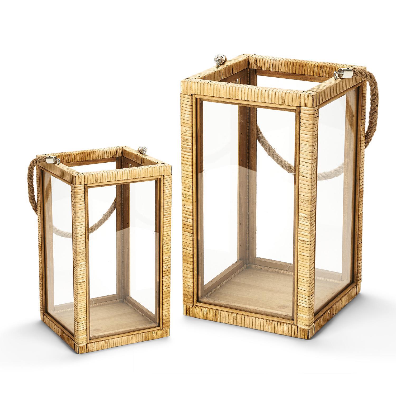 Set of 2 Decorative Rattan Lanterns with Rope Handle Home Decor Two's Company   