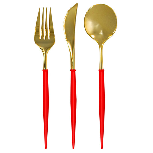 Red & Gold Bella Assorted Plastic Cutlery, 24 pc Service for 8 Home Decor Sophistiplate   