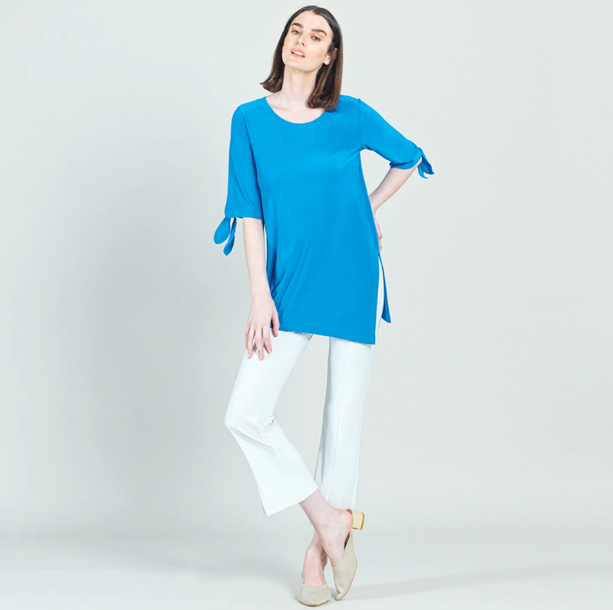 Brilliant Blue Tie-Cuff Soft Knit Tunic Tops Clara Sun Woo   