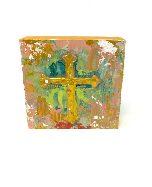 Hand Painted Cross Wood Block - Pink & Green Home Decor TradeCie   