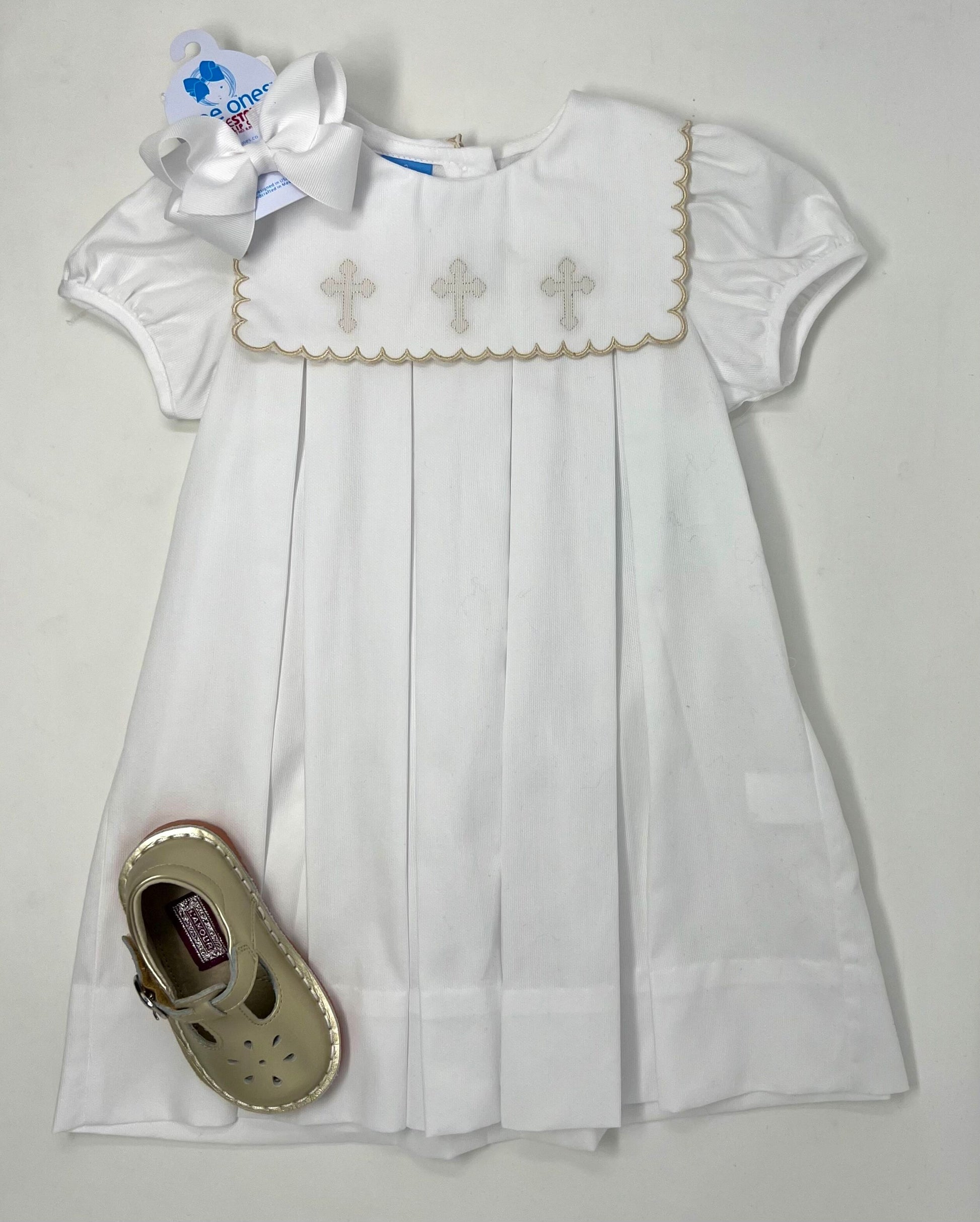 Girl's White Pique Dress with Crosses Girls Occasion Dresses Anavini   