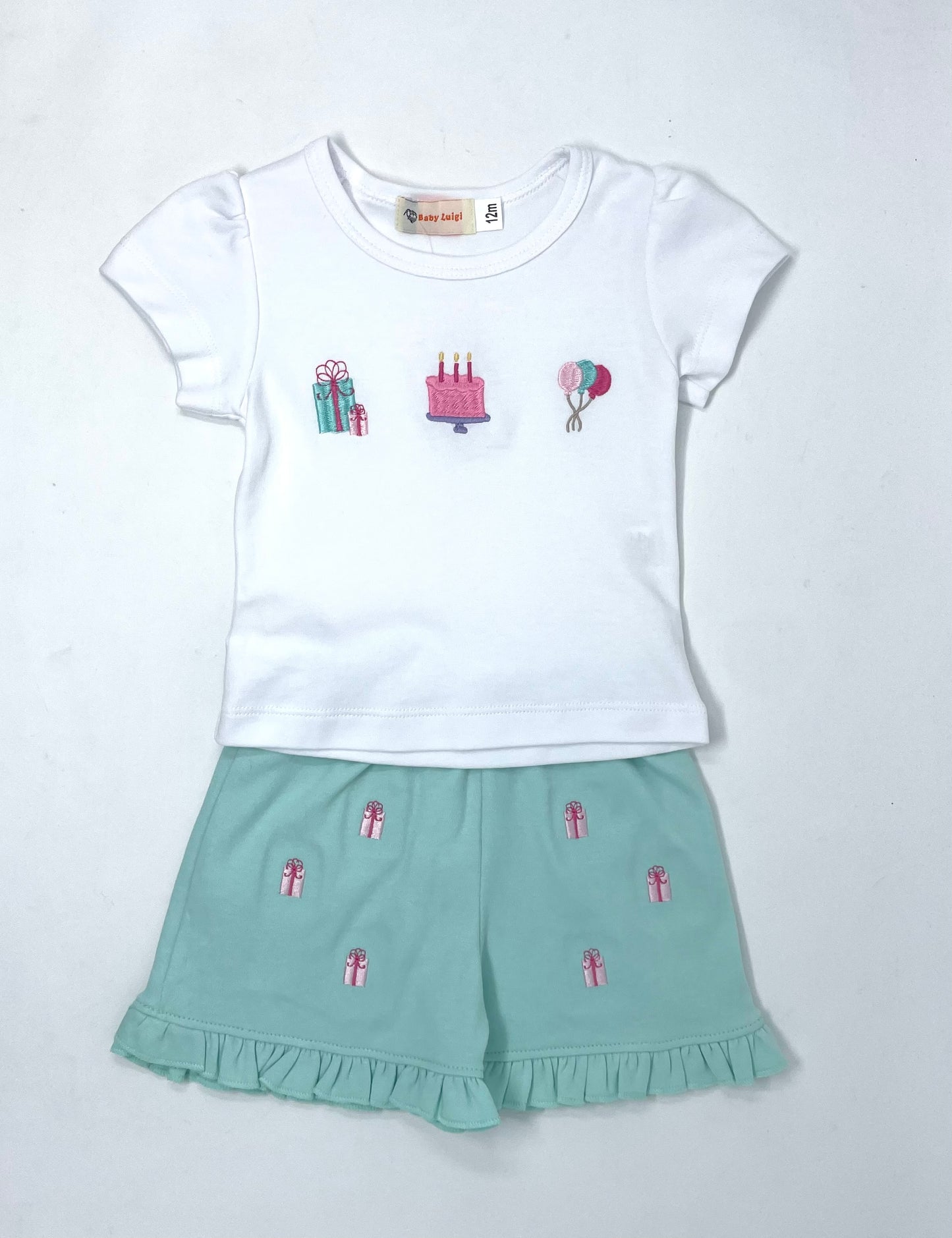 Girl's White T-Shirt with Birthday Icons with Jade Green Shorts with Gifts Girls Sets Luigi   