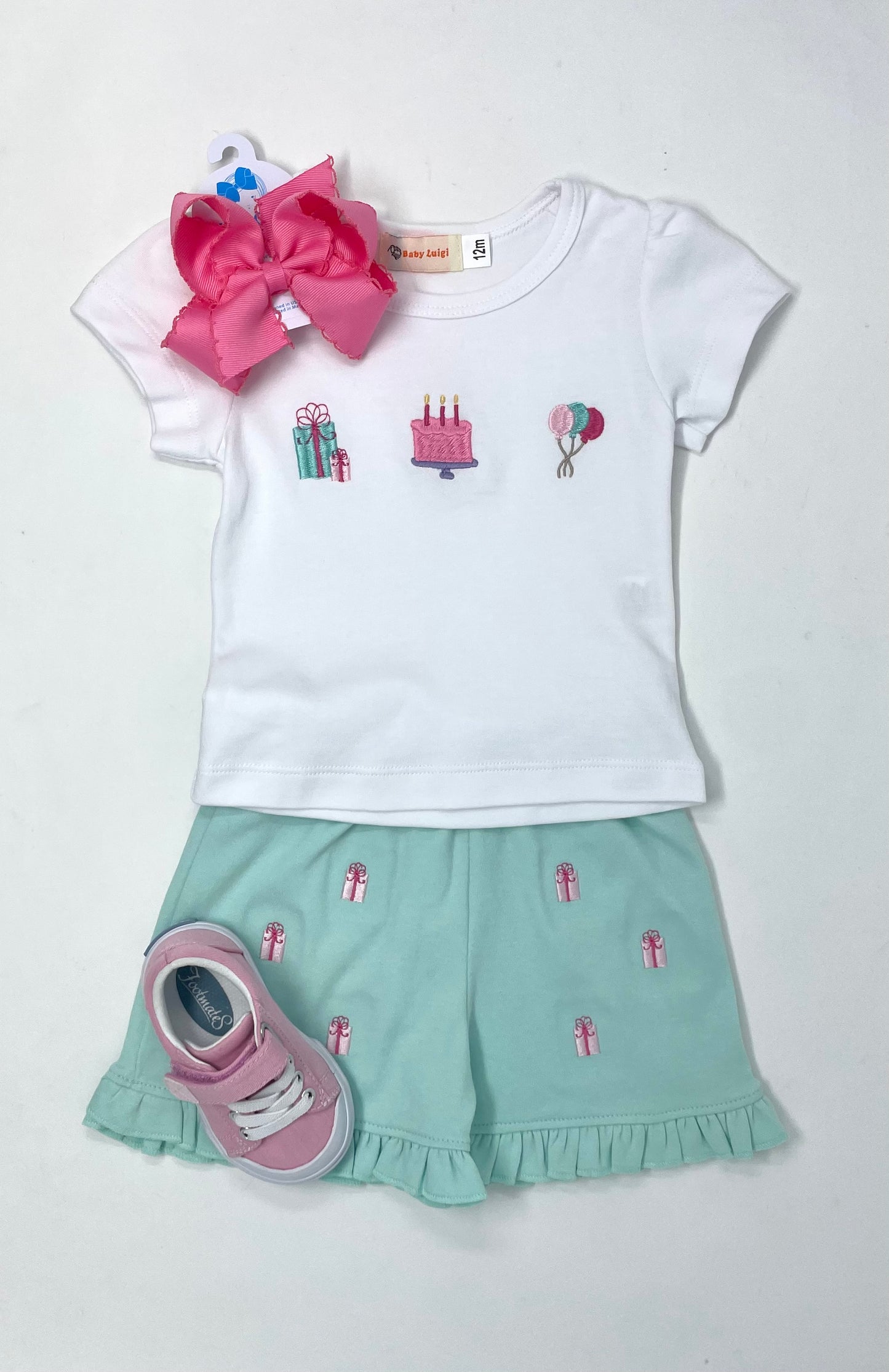 Girl's White T-Shirt with Birthday Icons with Jade Green Shorts with Gifts Girls Sets Luigi   