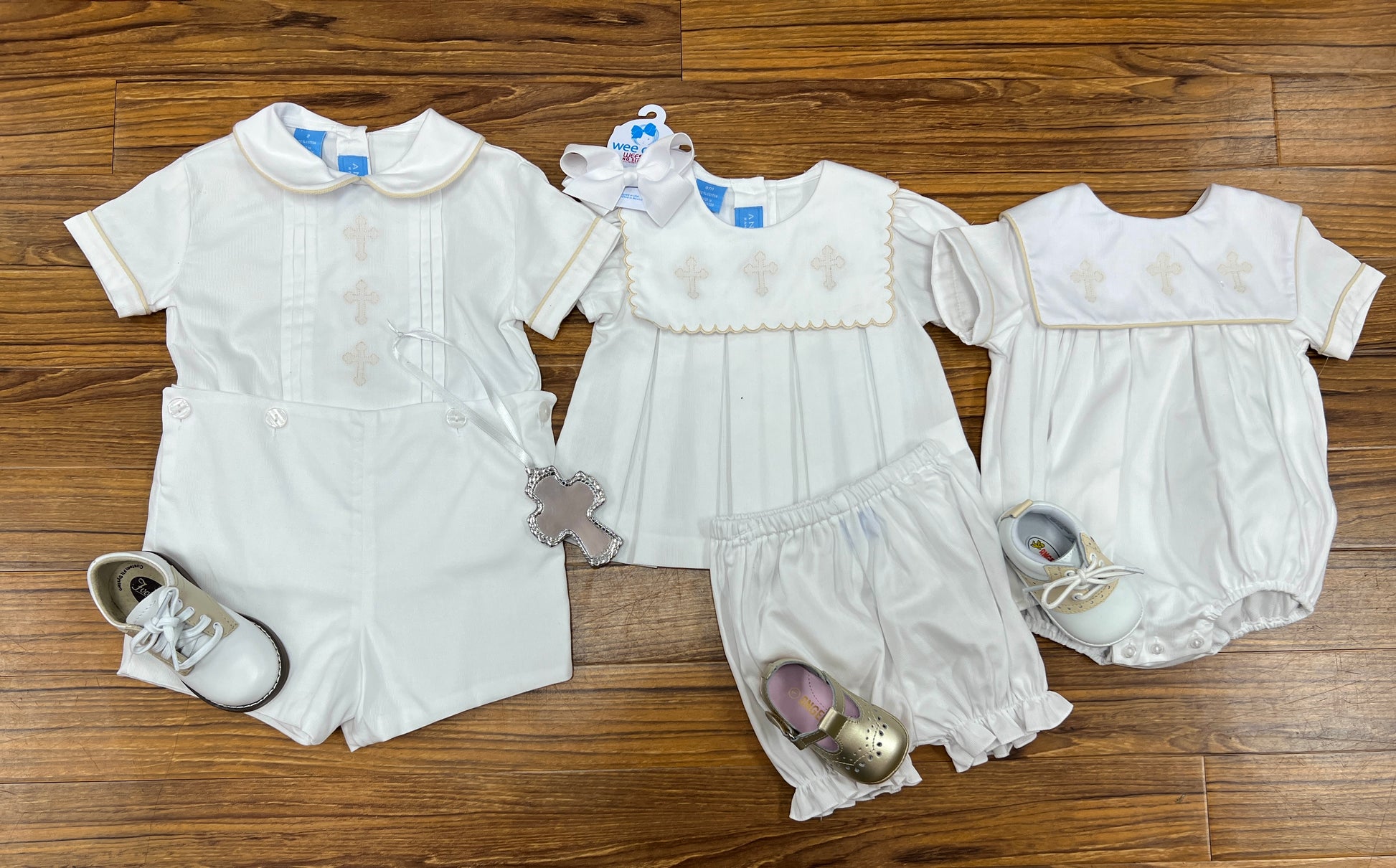 Girl's White Pique Bloomer Set with Crosses Girls Sets Anavini   