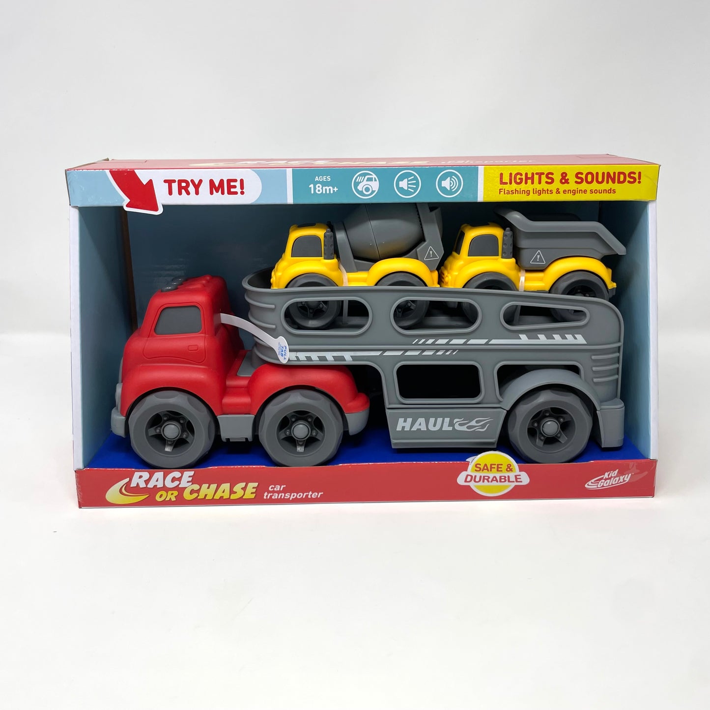 Race or Chase Car Transporter Gifts Kid Galaxy Red w/ Construction  