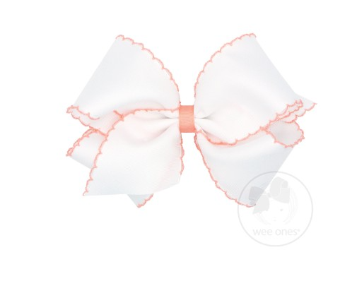 King Moonstitch Grosgrain Bow - White with Light Coral Kids Hair Accessories Wee Ones   