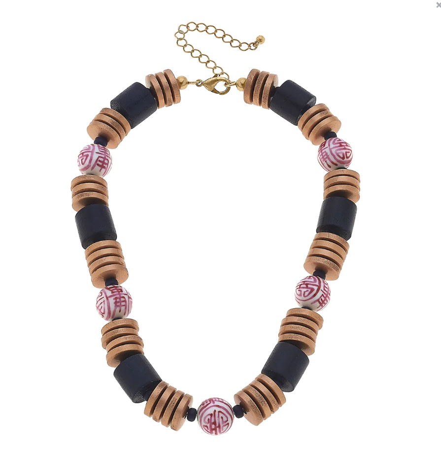 Lorelei Pink & White Chinoiserie and Wood Necklace - Navy Necklaces Canvas   