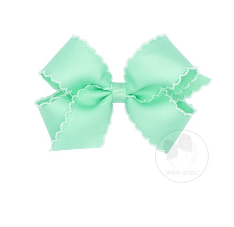 Medium Grosgrain Bow with White Moonstitch Edge - Pale Green with White Kids Hair Accessories Wee Ones   