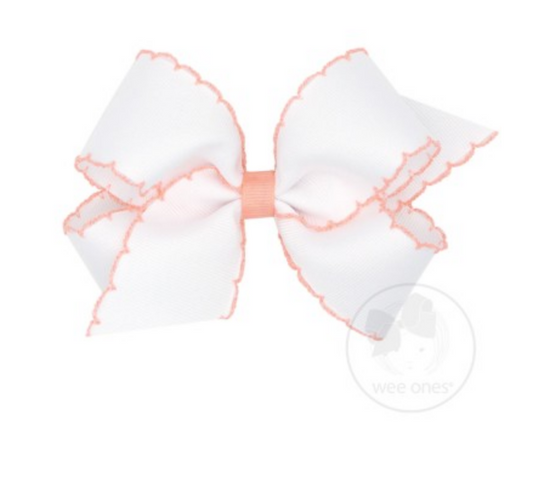 Medium Moonstitch Grosgrain Bow - White with Light Coral Kids Hair Accessories Wee Ones   