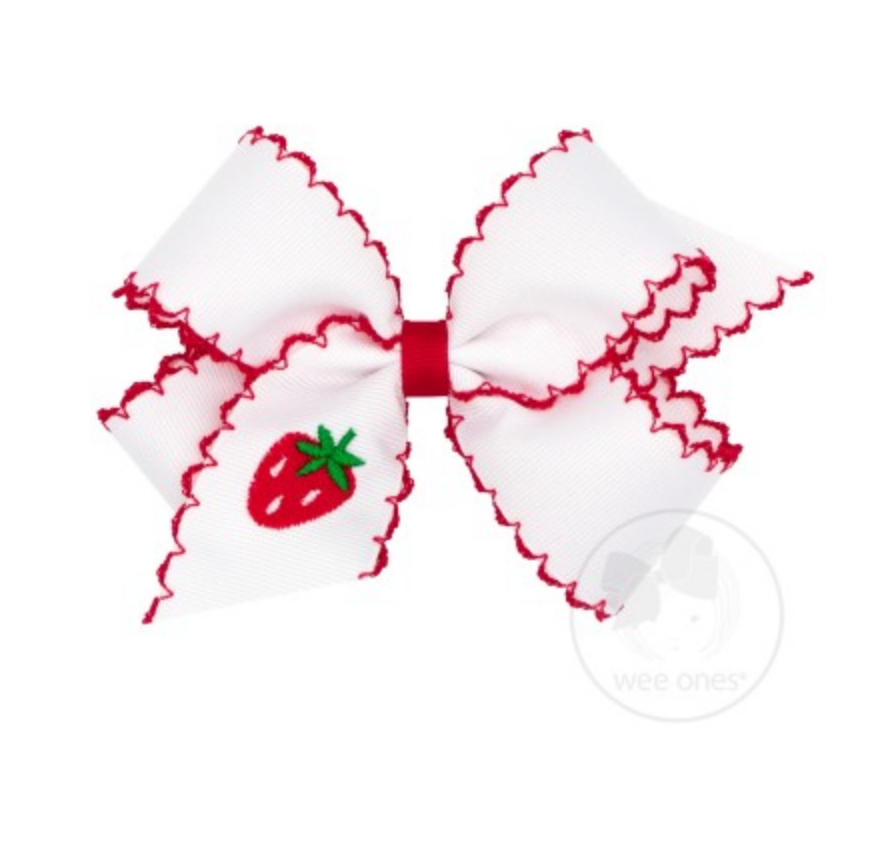 Medium White Moonstitch Bow with Embroidered Strawberry Kids Hair Accessories Wee Ones   