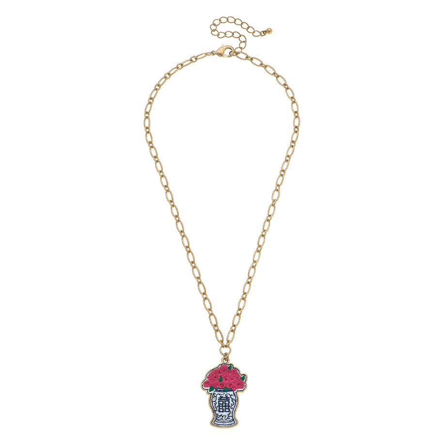 Stuck on You Ginger Jar with Roses Patch Necklace - Pink & Blue Necklaces Canvas   